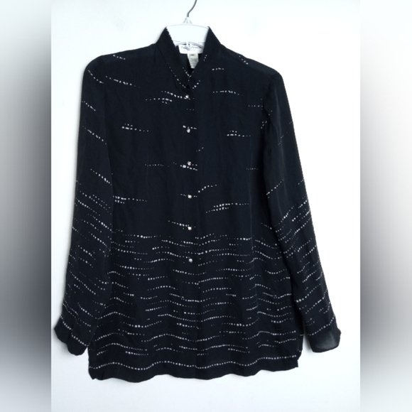 Rena Rowan Black w/White Detail Semi-Sheer 100% Silk Button Up Shirt size 8P - Picture 1 of 7